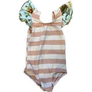 This Tribe of Three Pink Stripe & Blue Floral Ruffle Sleeve Bodysuit, 12-24M